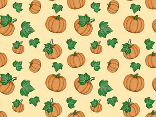 Seamless pattern of orange pumpkins and green leaves on soft yellow or cream background, Autumn or Halloween theme