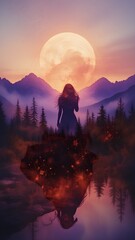 Epic Full-Body Portrait of a Beautiful Woman with Forest or Futuristic Castle in Double Exposure &ndash; Northern Lights and Galaxy Colors in Red, Orange, and Golden Hues (AI Generated)