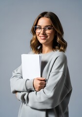Obraz premium Smiling Woman with Eyeglasses Holding White Papers in Studio Setting, Perfect for Educational or Professional Content.