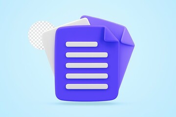 Stylized 3d illustration of a purple document icon with white lines representing text against a light blue background