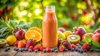 A refreshing bottle of fruit smoothie surrounded by an assortment of fresh berries, citrus, and kiwi on a wooden table in a garden setting