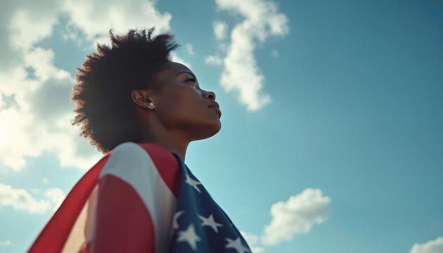 Black woman with American flag draped over shoulders looks toward horizon. Symbolizing strength, resilience, empowerment, and pride. Represents unity, hope, freedom, equality, and leadership.
