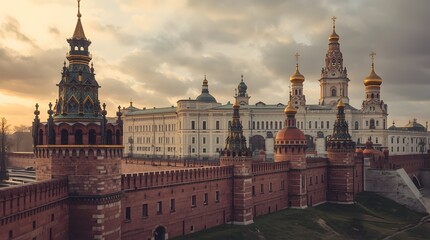 Obraz premium Architectural Russian Kremlin at Dusk with Church Spires Silhouetted