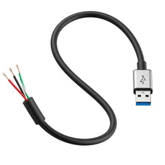 Black USB cable with exposed wires and a silver USB connector isolated on transparent background
