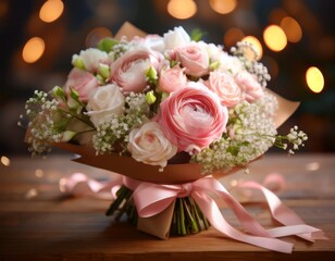 an elegant bouquet with soft pink roses, white ranunculus, and baby's breath, wrapped in brown craft paper with a pale pink satin ribbon, placed on a rustic wooden table