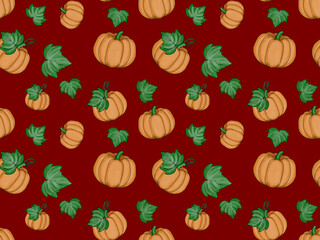 Seamless pattern of orange pumpkins and green leaves on red background, Autumn or Halloween theme