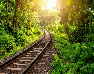 Obraz premium Sunlit train tracks curve through a lush, green jungle