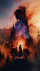Epic Full-Body Portrait of a Beautiful Woman with Forest or Futuristic Castle in Double Exposure &ndash; Northern Lights and Galaxy Colors in Red, Orange, and Golden Hues (AI Generated)