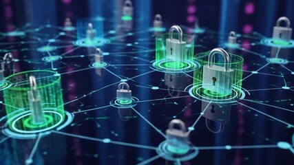 Abstract Network Security with Padlocks: A Visual Representation of Digital Protection and Cybersecurity Measures Enhanced with Glowing Blue and Green Elements - Powered by Adobe