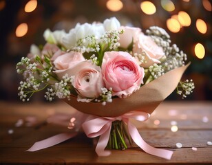 an elegant bouquet with soft pink roses, white ranunculus, and baby's breath, wrapped in brown craft paper with a pale pink satin ribbon, placed on a rustic wooden table