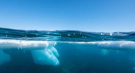 Underwater view of Arctic sea ice with clear blue ocean and bright sky in polar regio