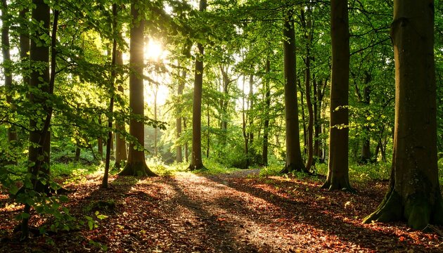 Sunlit path winds through a dense, leafy forest with tall trees and dappled sunlight - Powered by Adobe