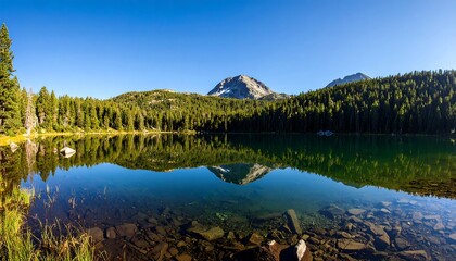 Tranquil mountain lake reflecting a clear sky and peak