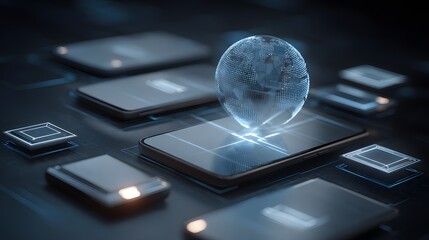 Holographic globe displayed on a futuristic mobile phone.