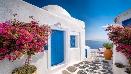 beautiful blue door with flowers on santorini island © Bonita