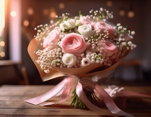 an elegant bouquet with soft pink roses, white ranunculus, and baby's breath, wrapped in brown craft paper with a pale pink satin ribbon, placed on a rustic wooden table