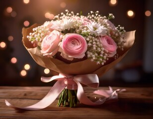 an elegant bouquet with soft pink roses, white ranunculus, and baby's breath, wrapped in brown craft paper with a pale pink satin ribbon, placed on a rustic wooden table
