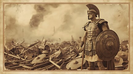 Spartan Warrior and Roman Soldiers on Battlefield