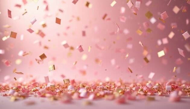 Pink, gold confetti cascades on pastel pink background, creating festive, elegant atmosphere for celebrations like weddings, birthdays, graduations. Delicate, shimmering particles add touch of