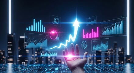 Data Driven Future: Hand Reaching Towards Innovative Growth, Financial Charts, and Digital Analytics in a Futuristic Cityscape.