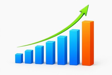 3d bar chart showing upward trend with green arrow indicating growth and success