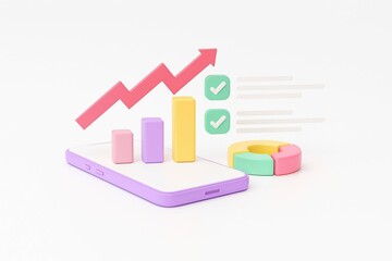 Colorful 3d bar graph and upward trending line chart on a white background representing business growth and data analysis