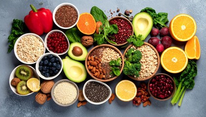 Healthy food for clean eating selection: fruit, vegetable, seeds, nuts, and superfoods on a gray background. Balanced diet, vegan, and wellness concept.