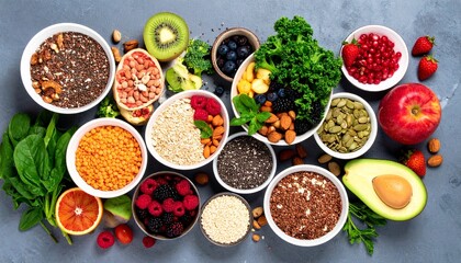 Healthy food for clean eating selection: fruit, vegetable, seeds, nuts, and superfoods on a gray background. Balanced diet, vegan, and wellness concept.

