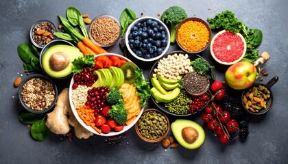 Healthy food for clean eating selection: fruit, vegetable, seeds, nuts, and superfoods on a gray background. Balanced diet, vegan, and wellness concept.