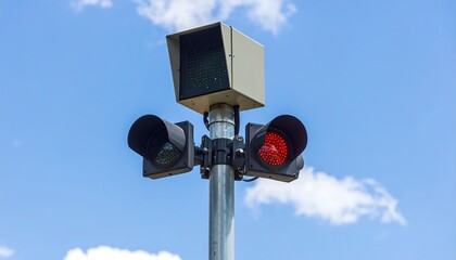 Railroad crossing signal with an illuminated red light for traffic safety, set against a clear blue sky