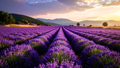 Sunset over rows of purple lavender in a vast field, mountains in the distance