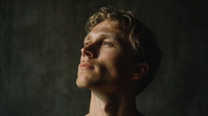 Contemplative gaze of a young man against a dark and textured backdrop