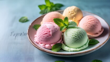 delightful ice cream scoops in pastel colors featuring mint leaves for refreshing touch evoke sense of joy and indulgence
