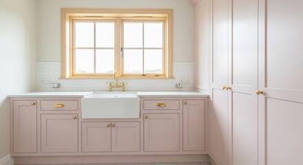 Modern utility room with a large ceramic sink and gold faucet under a window. Stylish design for laundry and home organization.