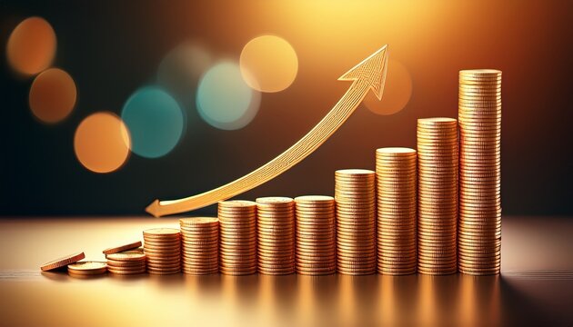 increasing coins stacked in graph formation with upward arrow symbolizes financial growth and success