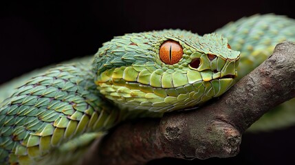 Fototapeta premium Intense green pit viper with striking orange eye rests on textured branch against dark background