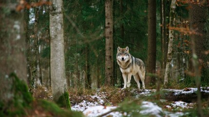 A Eurasian wolf is seen standing quietly among tall trees in a serene forest. Snow blankets the ground, highlighting the natural beauty of its environment.