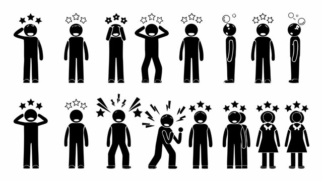 Illustration of stick figures depicting dizziness confusion and other related mental states and conditions