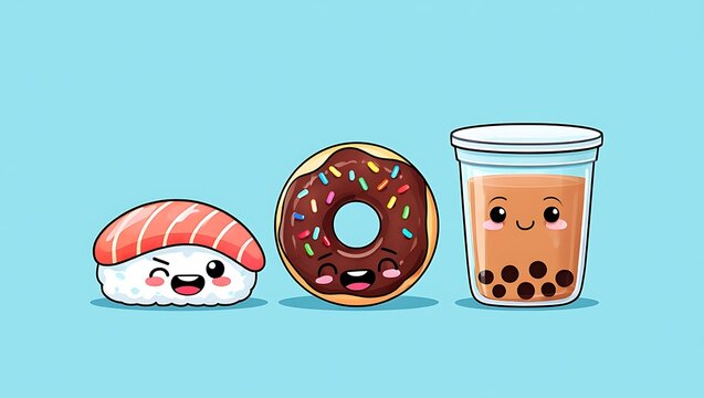 Cute Cartoon Food Trio Sushi Donut and Bubble Tea on Light Blue Background - Powered by Adobe