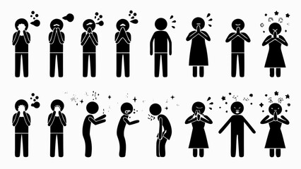 Illustration showing stick figures sneezing and coughing and spreading germs in the air with hands covering mouth