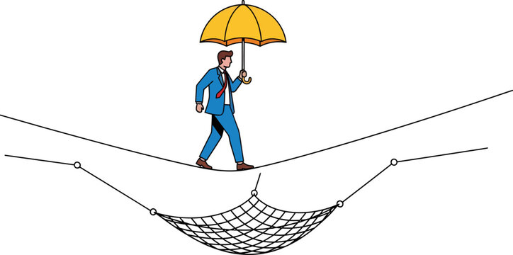 A businessman in a blue suit carefully walks a tightrope, holding a yellow umbrella for balance above a safety net.
