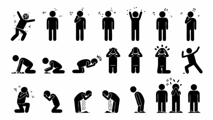 Illustration showing different stick figure poses exhibiting various emotions and actions in black color