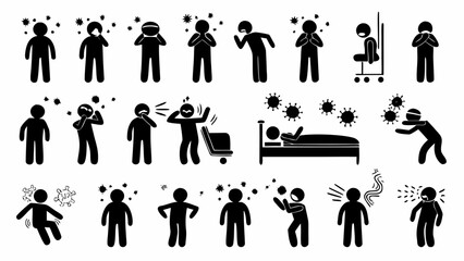 Illustration of stick figures depicting various symptoms and scenarios related to illness and disease