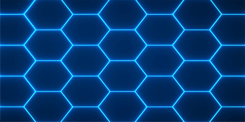 Abstract seamless blue hexagonal honeycomb pattern with a shiny metallic grid structure for a geometric technology background