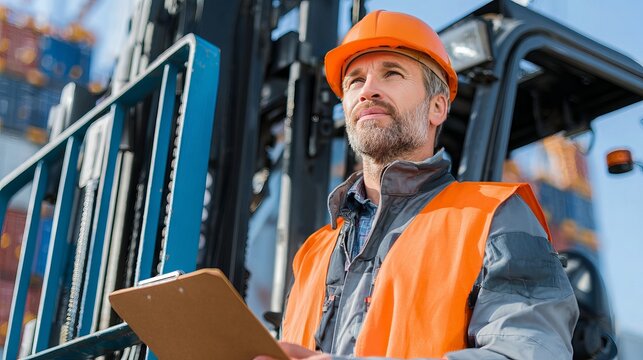 Focused industrial worker in hard hat and safety vest reviews clipboard near forklift