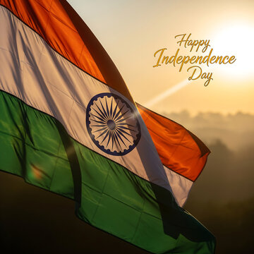 Happy Independence Day India. Indian National Flag waving in the air, close-up shot on a sunny day.