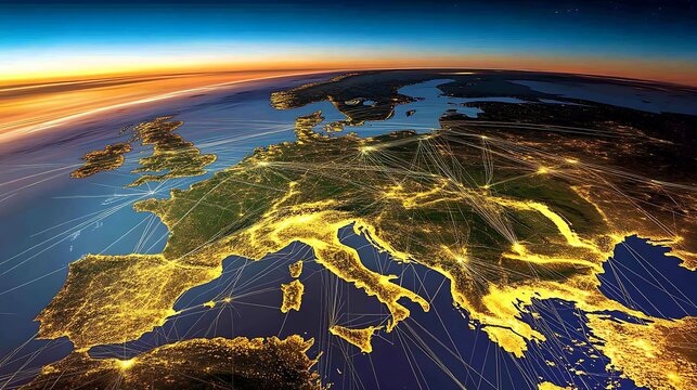 The European continent illuminated at night representing global connectivity