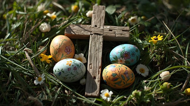 Easter Eggs on a Cross on Grass