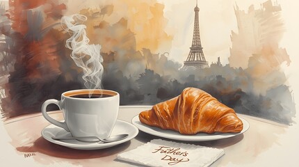 Coffee Cup and Croissant on a Paris Cafe Table with the Eiffel Tower in the Background