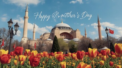 Mothers Day Greeting Card with Hagia Sophia and Turkish Flags in the Background